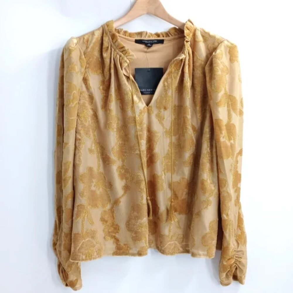 Marc New York Gold Floral Flocked Velvet Tassel Tie Blouse Top